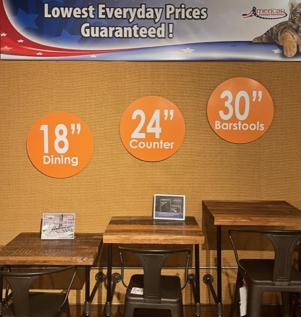 Dining height is 18", counter height is 24", and barstools is 30"